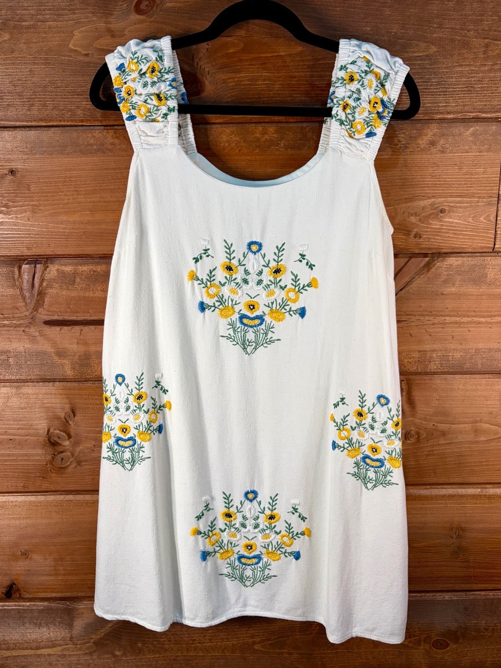 Embroidered White Mini Dress with Yellow & Blue Floral Motif Size XS